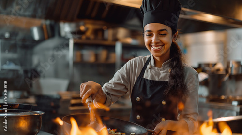 Indian female chef skillfully prepares a delicious dish in a restaurant kitchen