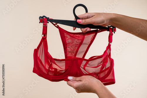 elegant sensual red transparent bra isolated, female fashion sexy underwear, nobody