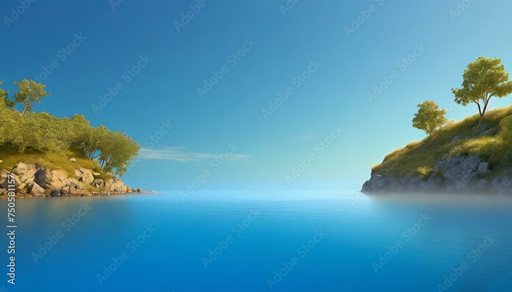 tropical island in the sea.a wide sky blue background in a 3D composition. Infuse the scene with tranquility and serenity, using various shades of blue to convey a sense of calm.