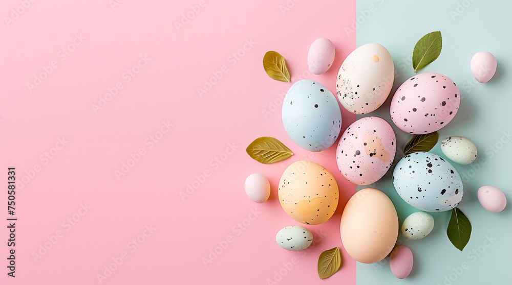 Bright color decorated easter eggs on the pastel background, 3D illustration.