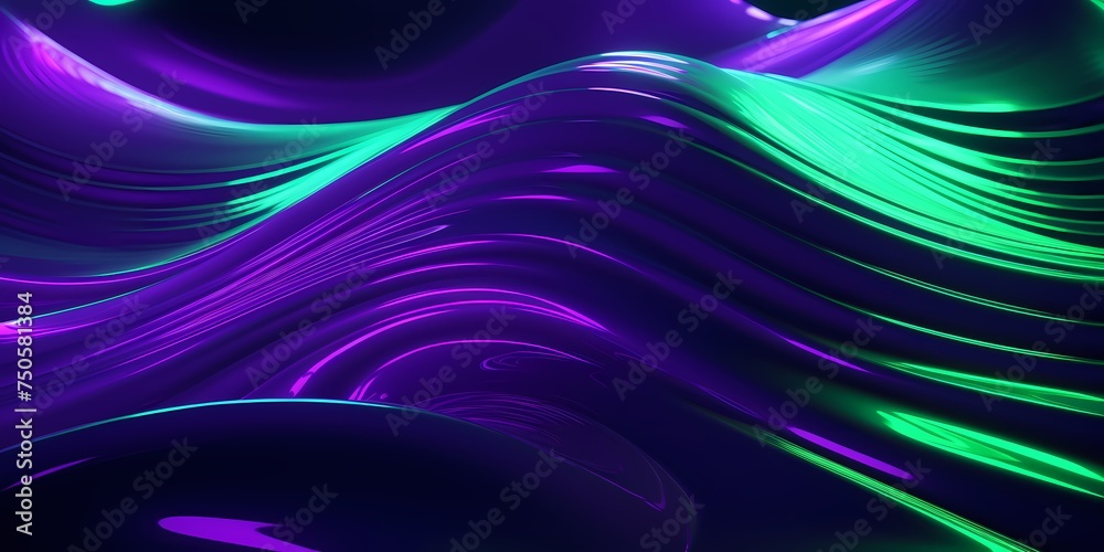 Neon green and purple 3D waves reflecting off a gleaming surface, their shiny appearance adding to their dynamic presence. - obrazy, fototapety, plakaty 