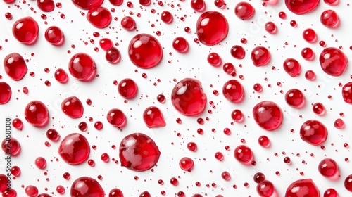 Red Liquid Droplets on White Background, Artistic display of red liquid droplets of various sizes, creating a striking visual pattern on a pure white background, seamless pattern