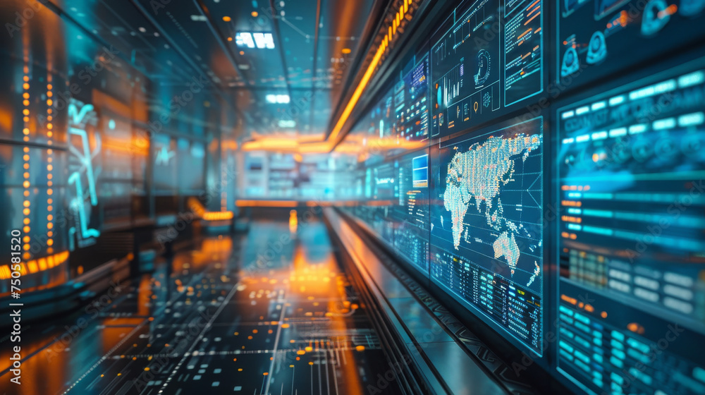 A logistic hub uses advanced AI to optimize the routing of transport ships visualizing container movement in a high tech control room A logistic hub uses advanced AI to optimize the routing of transport ships visualizing container movement in a high tech control room