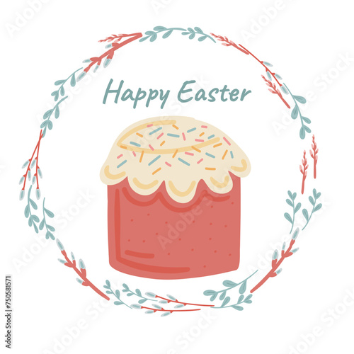 Happy Easter card flat design with cake and willow