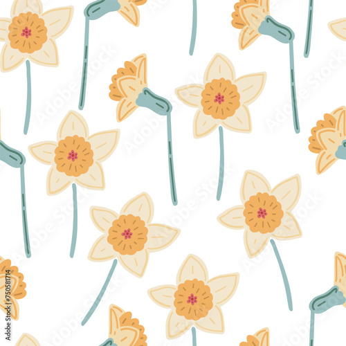 Narcissus flat design seamless pattern yellow and whit springtime