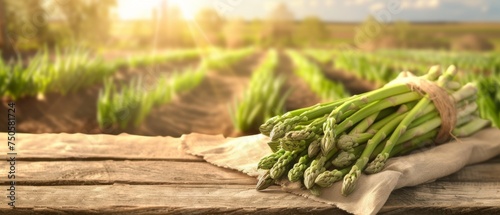 Fresh Asparagus on Farm Wooden Table, Freshly harvested green asparagus arranged on a rustic wooden table, with a softly blurred farm landscape in the background.