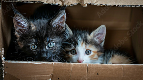 Kittens in the cardboard. 