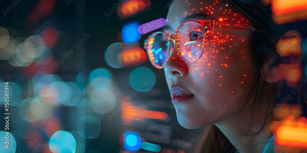 Woman in Technology Detailed Digital Data Observation with Glowing Light Woman in Technology Detailed Digital Data Observation with Glowing Light