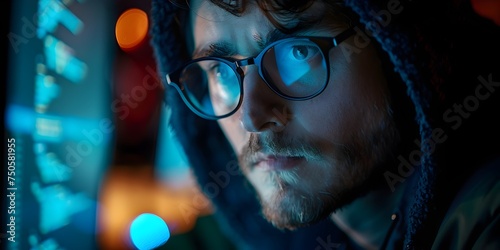 Man in Glasses Gazing at Computer Screen in Mysterious Nocturnal Studio Shoot