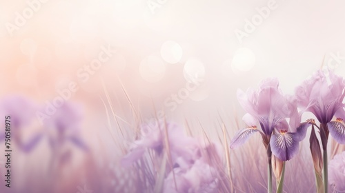 Iris flowers double exposure greeting card template with copy space, pastel color tones