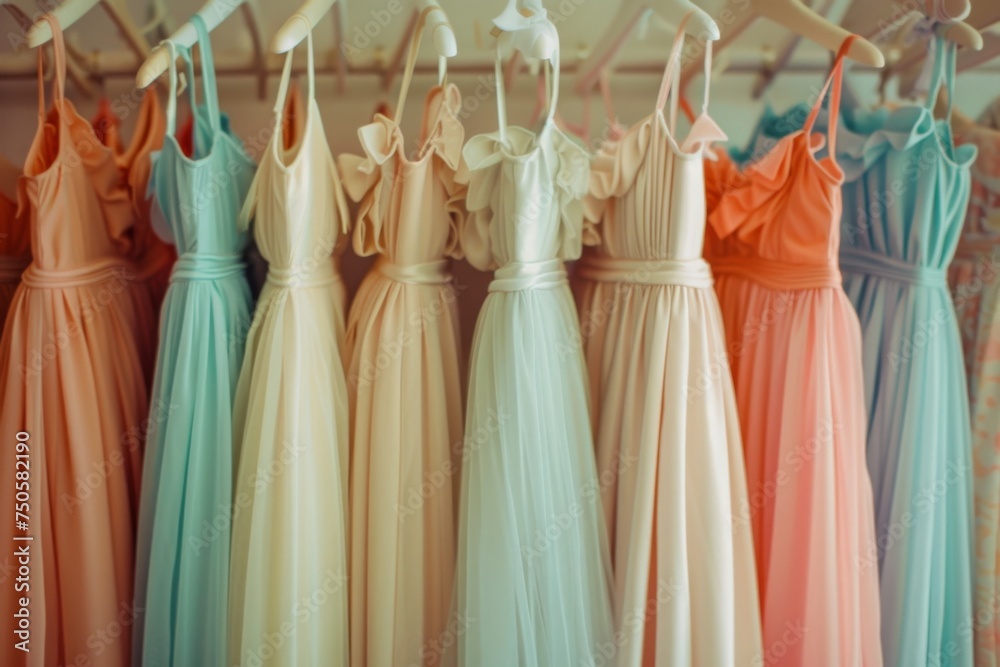 An assortment of pastel-colored gowns with varying designs is gracefully displayed, capturing a spectrum of soft, airy tones.