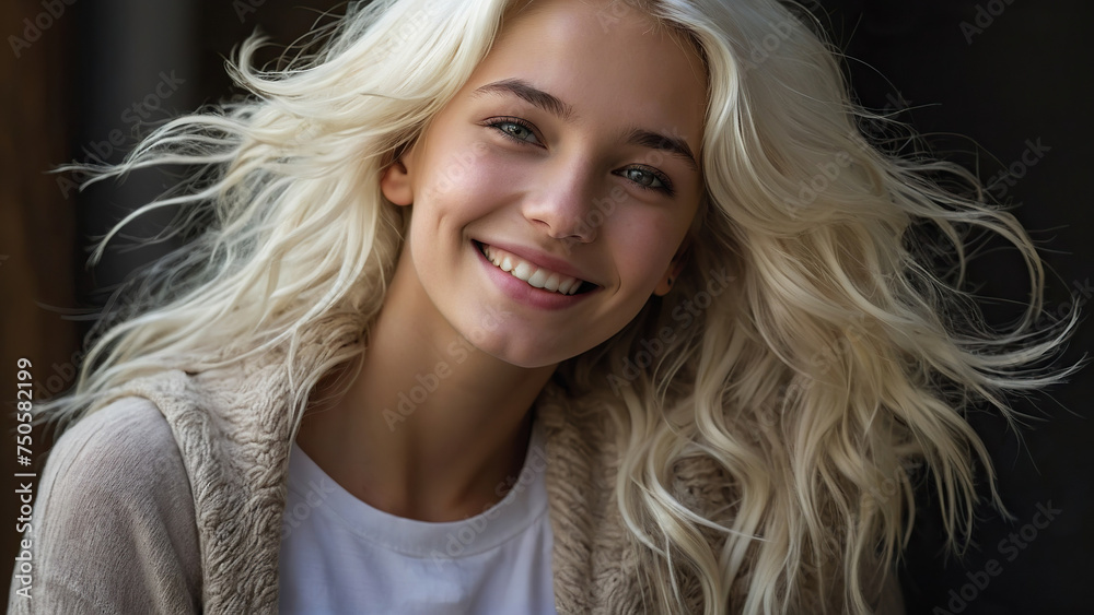 A young Caucasian woman with white hair smiles happily. A young Caucasian woman with white hair smiles happily.