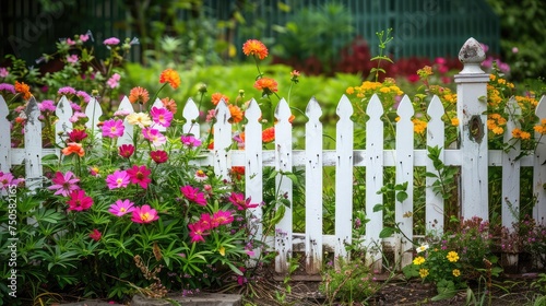 beautiful garden setting with flowers and white picket fence