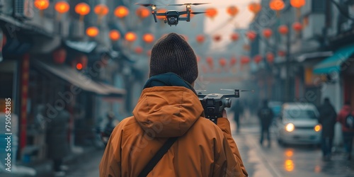 Man Flying Drone Over Chinese Street During Festivities