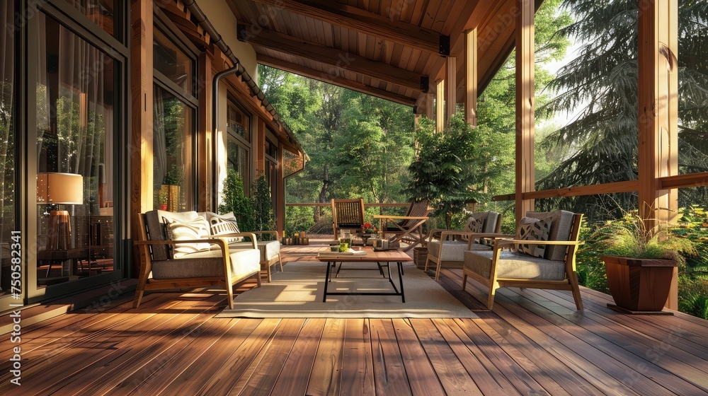 Big wooden cozy porch with chairs and coffee table in the back of big residence