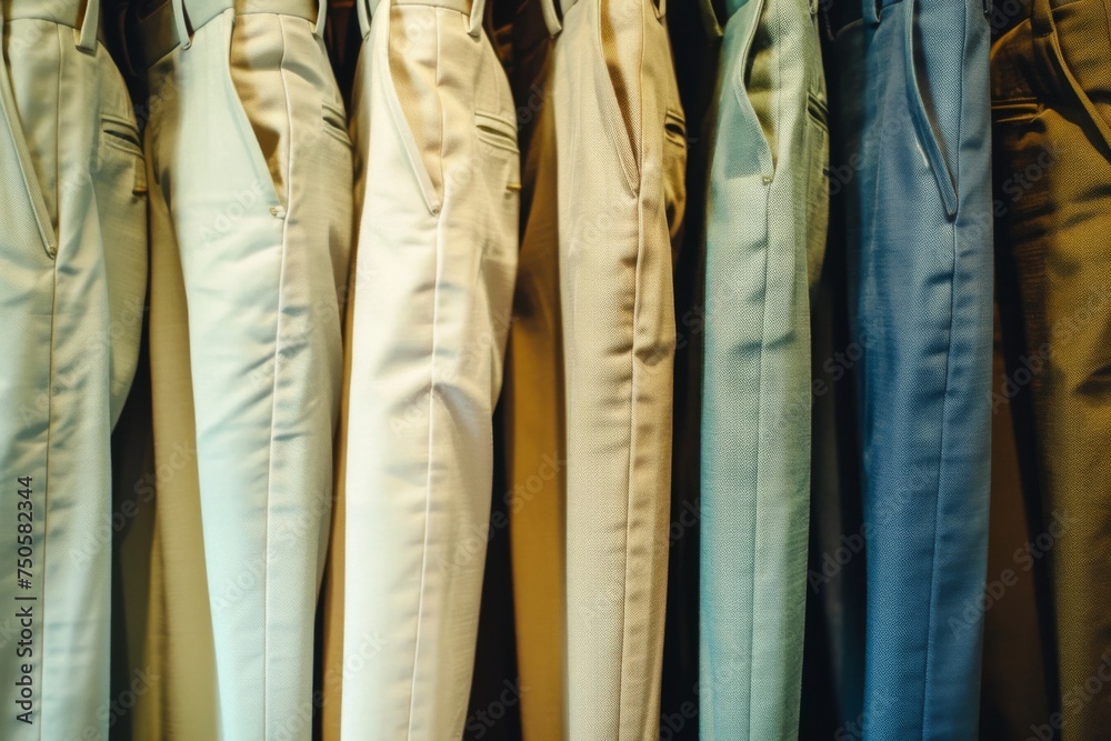 A display of trousers shifts from neutral to blue tones, offering a cool and calm color progression for versatile fashion styling.