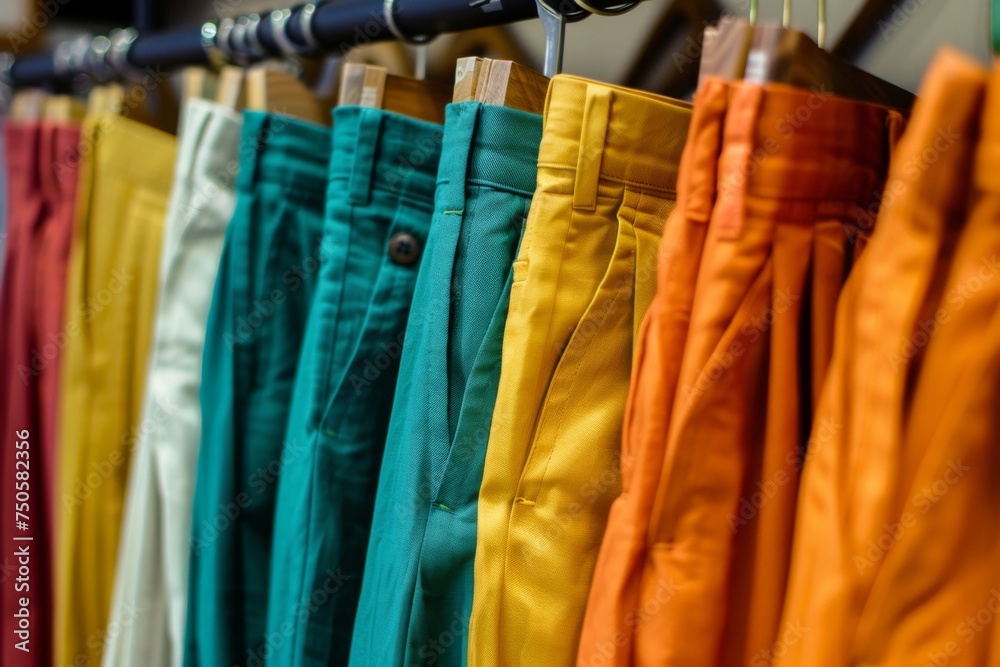 A lively assortment of trousers in a range of vibrant colors, perfectly aligned on hangers for a visually stimulating fashion statement.