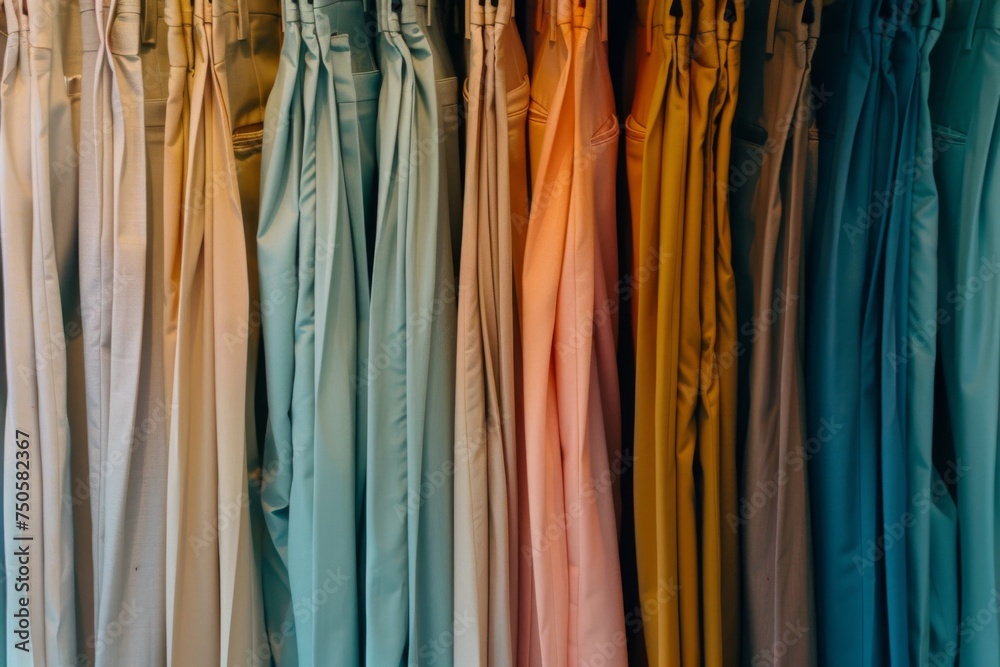 The colors of a gentle sunrise are captured in this range of trousers, from tranquil off-whites to mellow blues and warm yellows.