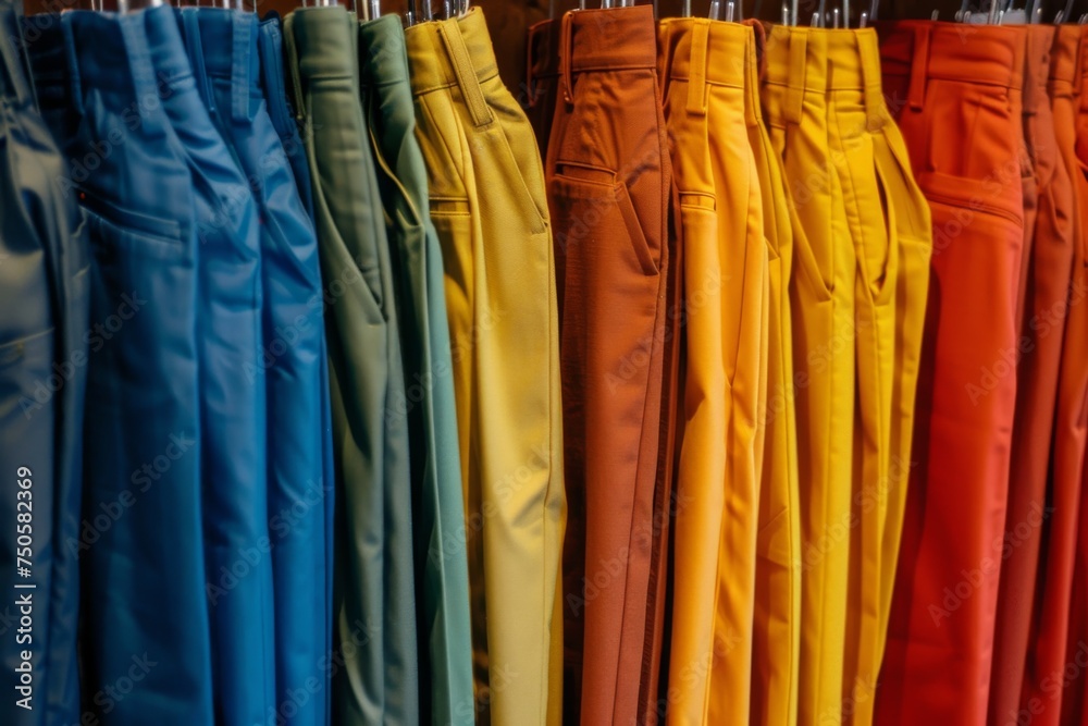 A collection of trousers in vibrant colors hanging on hanger.