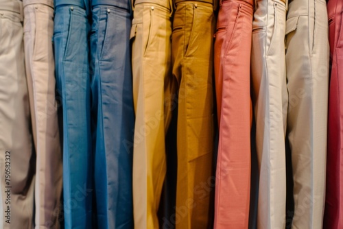 Graduating from light pastels to earthy tones, these trousers on display offer a soft to rich color palette, ideal for seasonal transitions.