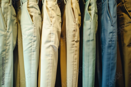 A display of trousers shifts from neutral to blue tones, offering a cool and calm color progression for versatile fashion styling.