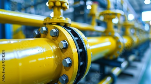 Close-Up of Yellow Industrial Gas Pipes, Close-up view of a series of interconnected yellow gas pipes with valves and bolts, within an industrial setting.