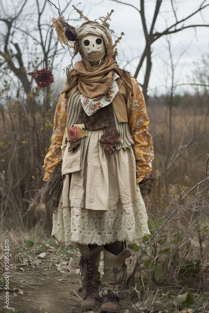 A rustic scarecrow donning a vintage ensemble stands sentinel in the barren autumn fields, embodying the essence of fall.