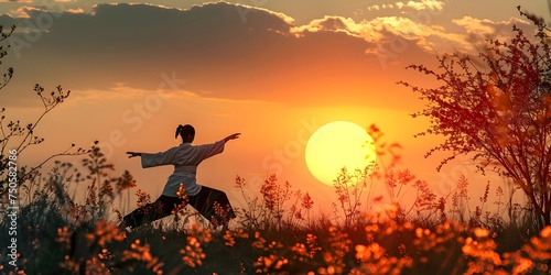 Martial Arts Practice at Sunrise in the Field