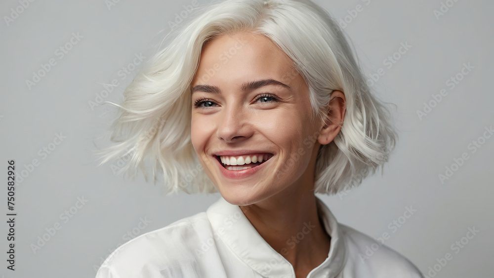 Fototapeta premium A young Caucasian woman with white hair smiles happily.