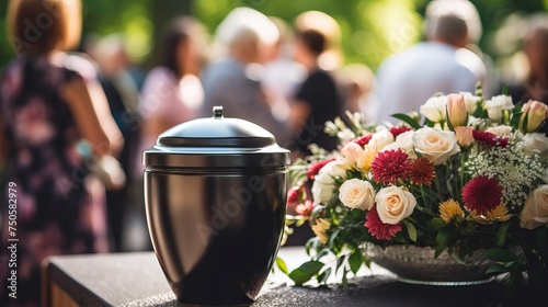 Funerary urn with ashes of dead and flowers at funeral. Burial urn decorated with flowers and people mourning in background at memorial service, sad and grieving last farewell to deceased person.


