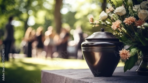 Funerary urn with ashes of dead and flowers at funeral. Burial urn decorated with flowers and people mourning in background at memorial service, sad and grieving last farewell to deceased person.


 #750582985