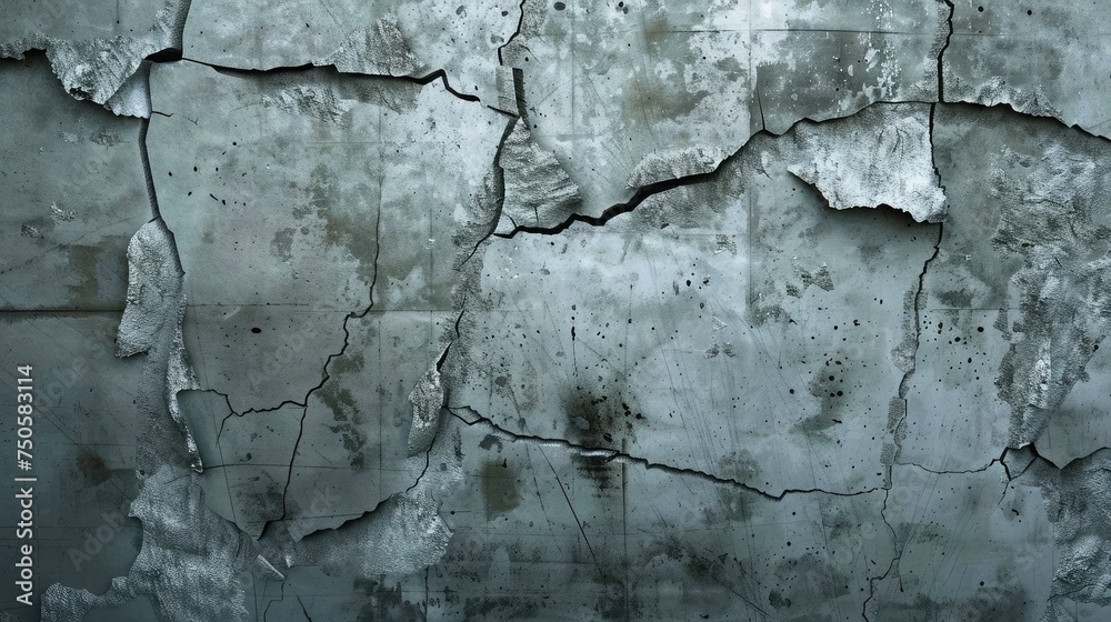 Obraz premium Cracked concrete texture background. Grey surface with cracks close up. A lot of pieces of splintered plaster. Abstract concept of split, dissent, disagreement, discord. Sunny day with shadows.