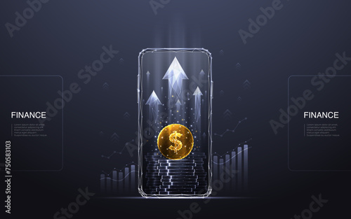 Abstract digital mobile cellphone with golden dollar coin, coin stack and arrow up on smarthone screen. Growth graph chart on technology dark background. Money increase revenue. Vector illustration. (ID: 750583103)