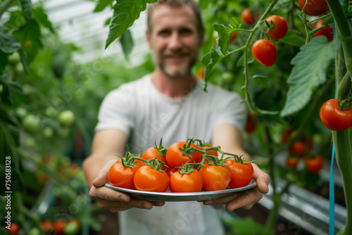 Greenhouse paradise: a plate of red tomatoes