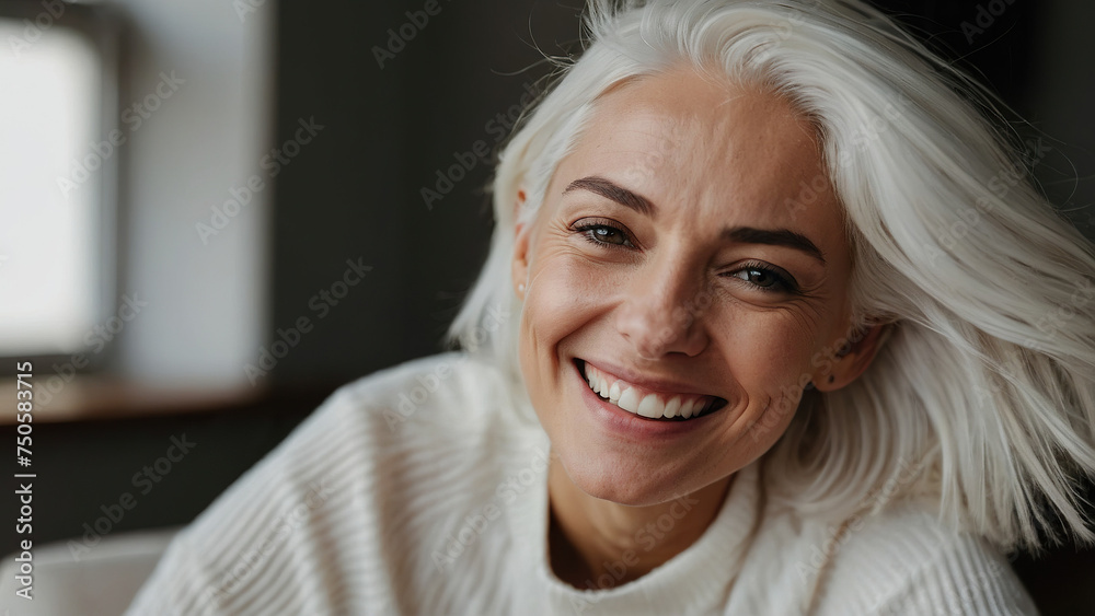 A young Caucasian woman with white hair smiles happily. A young Caucasian woman with white hair smiles happily.