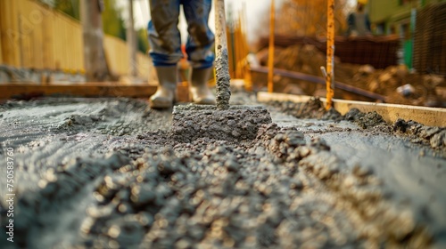 Leveling concrete with trowels, laborer spreading poured concrete. Selective focus. A construction worker is pouring cement and concrete.