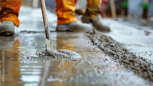 Leveling concrete with trowels, laborer spreading poured concrete. Selective focus. A construction worker is pouring cement and concrete.