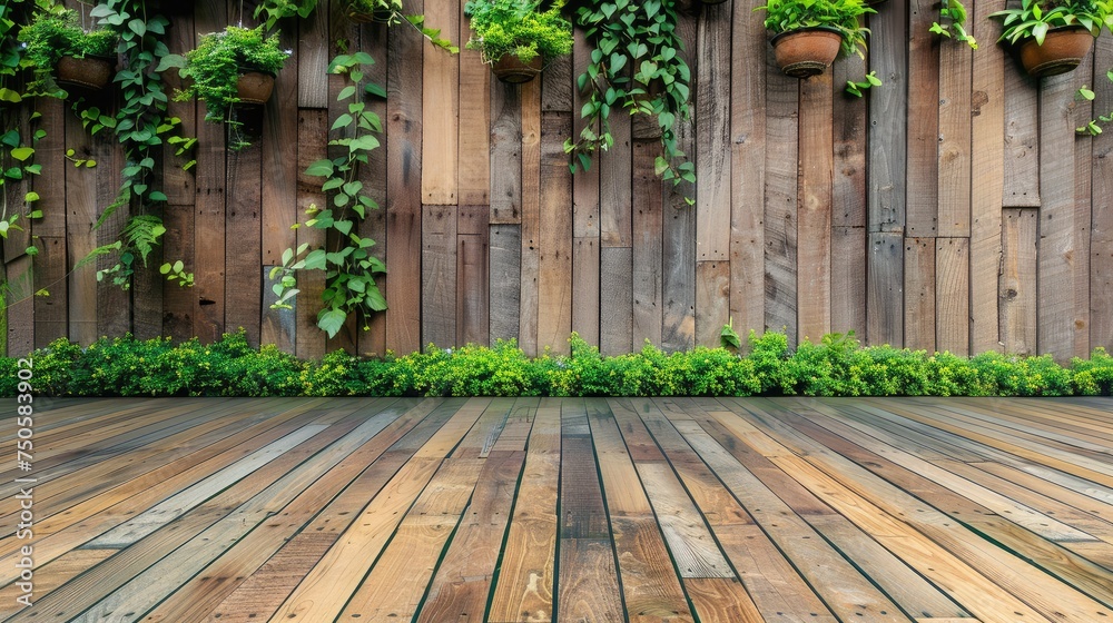 Old hardwood decking or flooring and plant in garden decorative Old hardwood decking or flooring and plant in garden decorative
