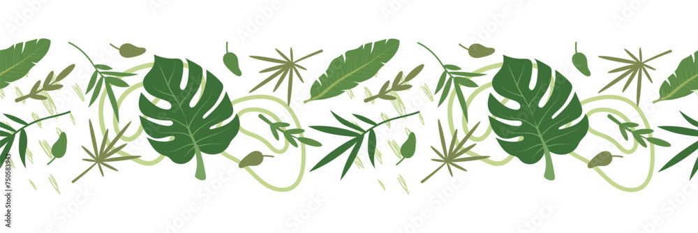Tropical leaves seamless border with abstract elements. Vector illustration, isolated. - obrazy, fototapety, plakaty 