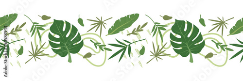 Tropical leaves seamless border with abstract elements. Vector illustration, isolated. © Mariya
