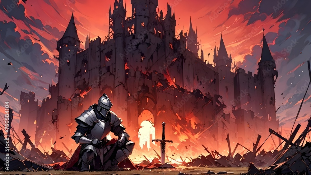 Lonely knight against the background of a ruined castle, illustration, vector Lonely knight against the background of a ruined castle, illustration, vector