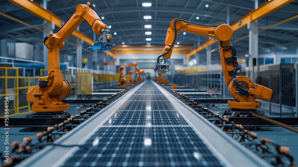 Wide shot of a modern solar panel production line featuring robotic assembly arms at a state-of-the-art factory