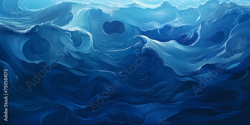 Deep ocean blue 3D waves with a reflective sheen, their surface mirroring the surrounding environment with clarity. photo