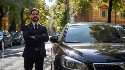 Confident Chauffeur Standing by Luxury Vehicle in Urban Setting, taxi driver near uber black © petrrgoskov