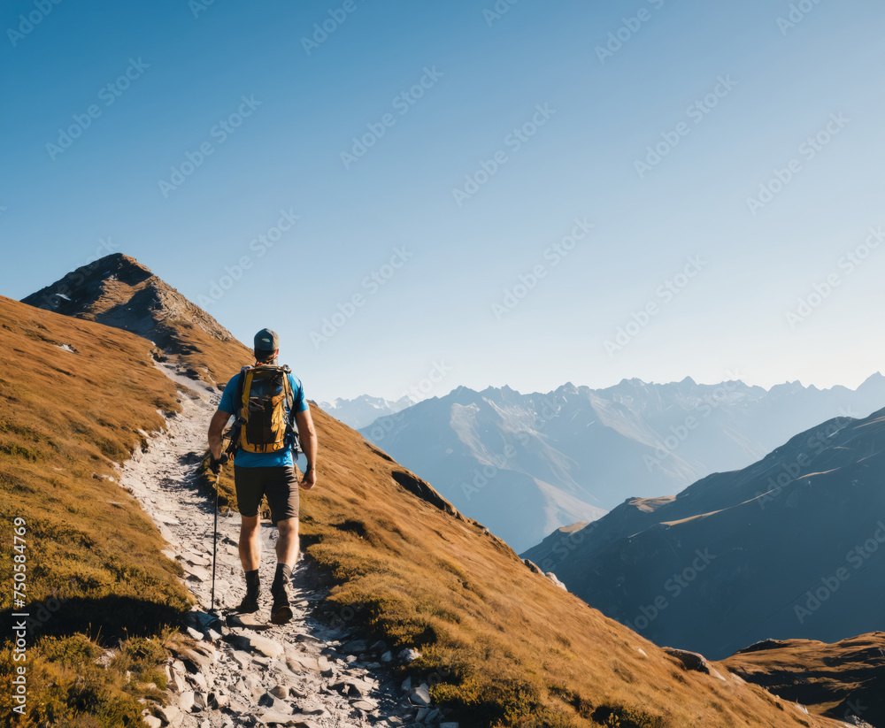 a man with a backpack is walking up a mountain 