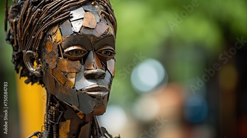 Indigenous face sculpture. Close-up of statue, portrait of person with African features. Artwork with incorporation of recycled materials.    © Tumelo