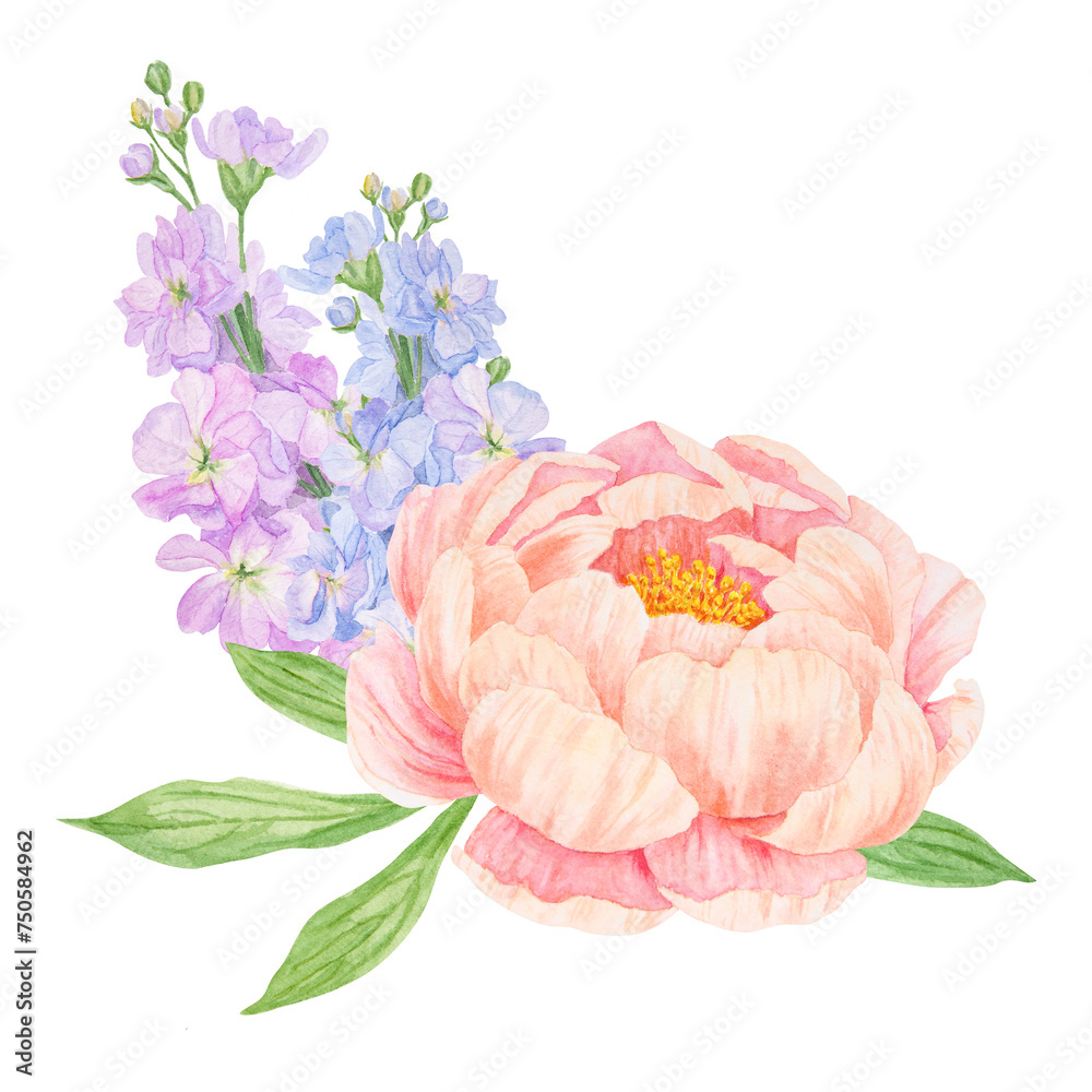 Peach peony, lilac gillyflower bouquet watercolor hand drawn painting. Chinese national symbol illustration. Realistic flower clipart, floral arrangement for card design, wedding invitation, prints