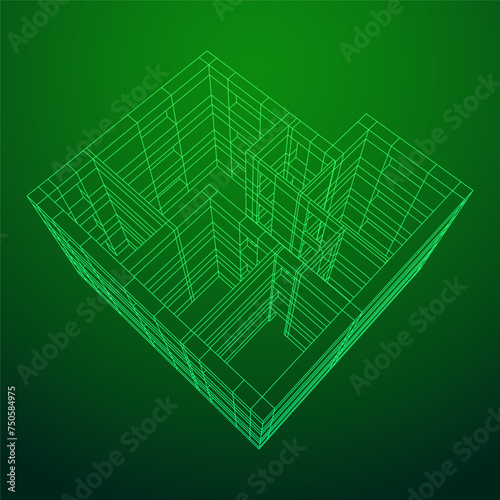 Architecture building. Modern house plan. Wireframe low poly mesh.