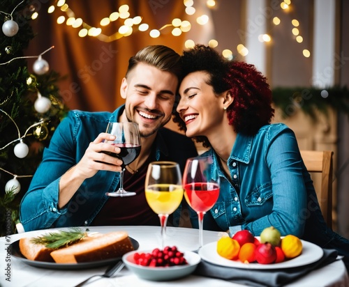 young cheerful lgbt couple sitting at festive table 