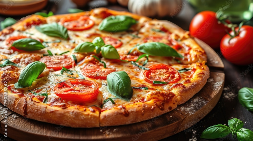 Appetizing Italian pizza, adorned with fresh toppings, ready to satisfy your taste buds.